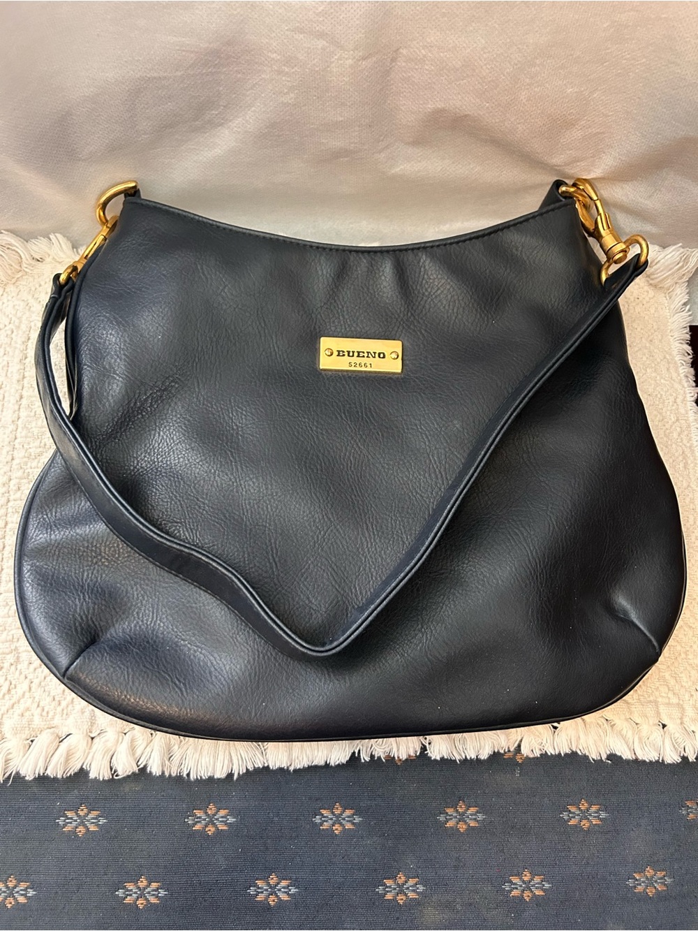 Bueno Navy Blue Leather Shoulder Bag with Gold Hardware